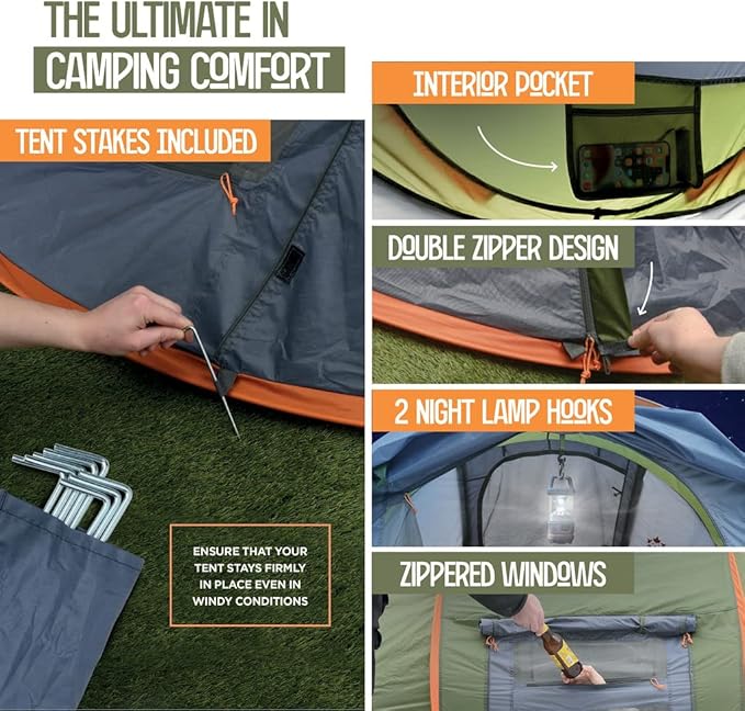 4 Person Pop Up Tent for Camping - Lightweight &amp Portable Easy Quick Set-Up 2 Doors Lantern Hook Storage Pockets Carry Bag for Outdoor Hiking Travel