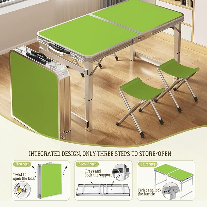 DEOMAi 4ft Folding Table without Installation Indoor Outdoor Adjustable Height foldable Table with Carrying Handle Suitable for Camping Picnics PartiesBanquets and Various other Occasions (Green)