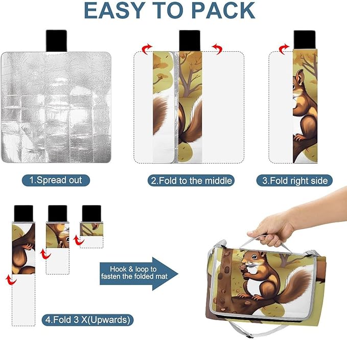 Nut-Eating Squirrel Beach BlanketPortable Waterproof Picnic Blanket58.3''x 58.3'' Extra Large Picnic Mat for BeachCamping Grass Lawn Park Accessorie for Festival BBQ