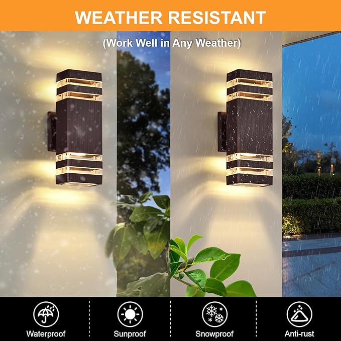 DASTOR 4 Pack Outdoor Wall Lights Brown Exterior Lighting Fixtures Wall Mount 2-Layer Modern Outdside Lights for House Up and Down Outdoor Sconce Lights for Porch Patio Garage