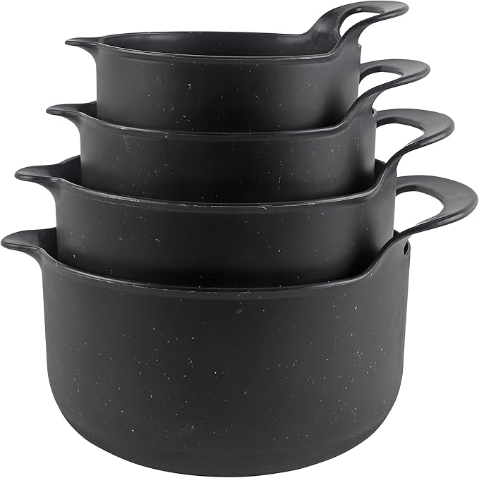 COOK WITH COLOR Nesting Plastic Mixing Bowl Set with Pour Spouts and Handles Black Speckled 4 Piece Non-Slip