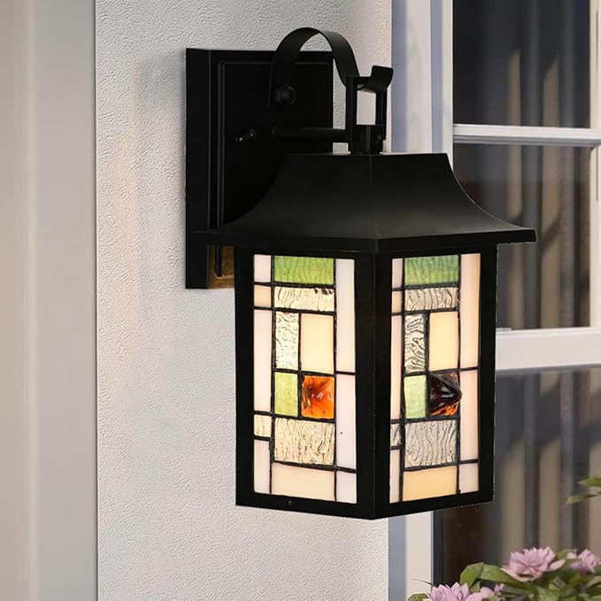 WL0010 Tiffany Style Outdoor Light Fixutres Stained Glass Wall Sconce Exterior Waterproof Wall Lantern Light for Balcony Aisle Hallway W 7X D 6 x H 12 Inches Bulb Included (Lumigrid)