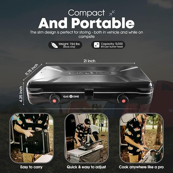 GasOne Portable Camping Stove – Double Propane Stove with Auto Twist Turn Ignition – 22000 BTU Camping Cooktop with 2 Burners and Wind Guard – Ideal for Tailgating Fishing Travel