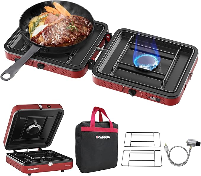 CAMPLUX FoldGo 2 Burner Portable Camping Stove 17200 BTU Foldable Propane Stove for Outdoor Cooking with Carry Bag Portable Gas Stove with 2 Adjustable Burners Red