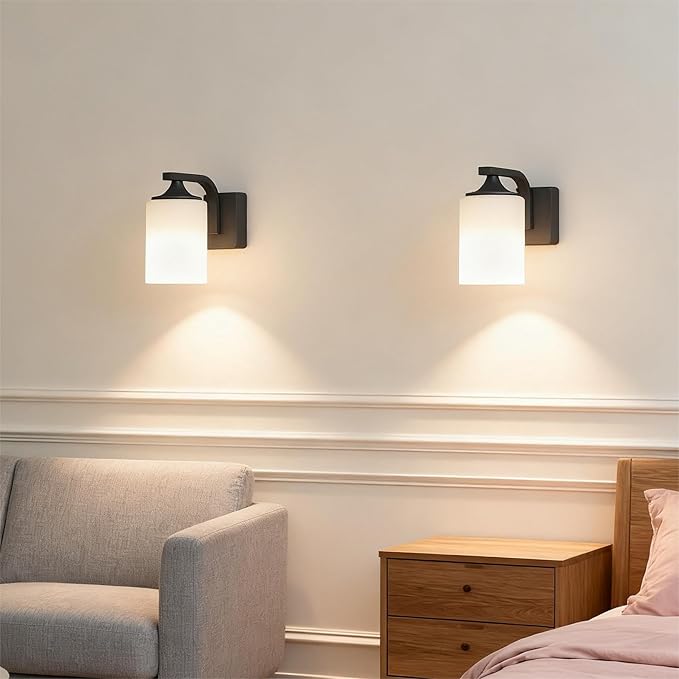 Outdoor Wall Lamp Waterproof and Anti-Rust Aluminium Modern Wall Light Fixture Milk Glass Indoor for OutsideGarden Matt Black