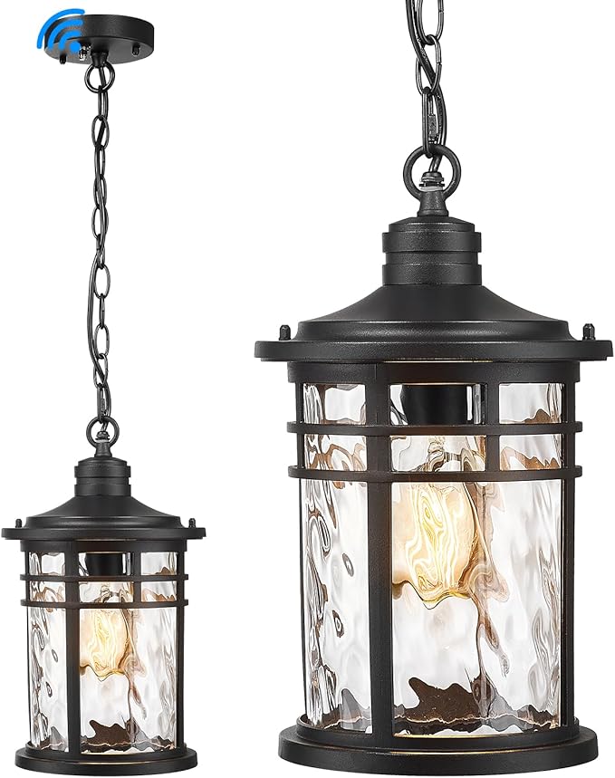 Darkaway Dusk to Dawn Outdoor Pendant Light 14inch Hanging Porch Light Outdoor Chandelier Ceiling Mount Waterproof Pendant Lights with Water Ripple Glass for Patio Entrance Foyer Entryway