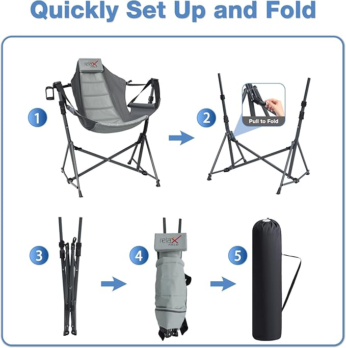 Hammock Camping Chair 3 Heights Swinging Chair with Adjustable Backrest Folding Rocking Chair with Head Pillow&ampCup Holder Outdoor Chair for Camping and Hiking Supports 350lbs Grey