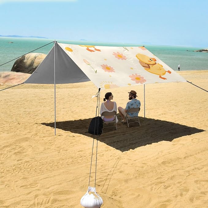 Cute Little Yellow Duck Carrying Backpack Daisy Camping Sun Shelter Beach Tent Portable Beach Sun Shade Outdoor Canopy for Camping Trips Fishing Picnic