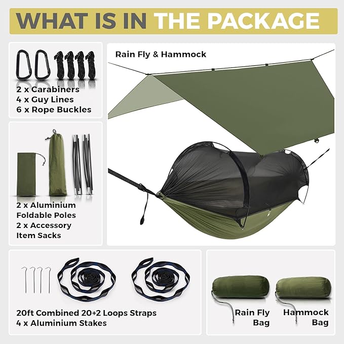ADVOKAIR Camping Hammock with Mosquito Net and Rain Fly Up to 500lbs Ultralight and Portable Nylon Travel Hanging Hammock with Tree Straps Perfect for Outside Backpacking Hiking and Backyard