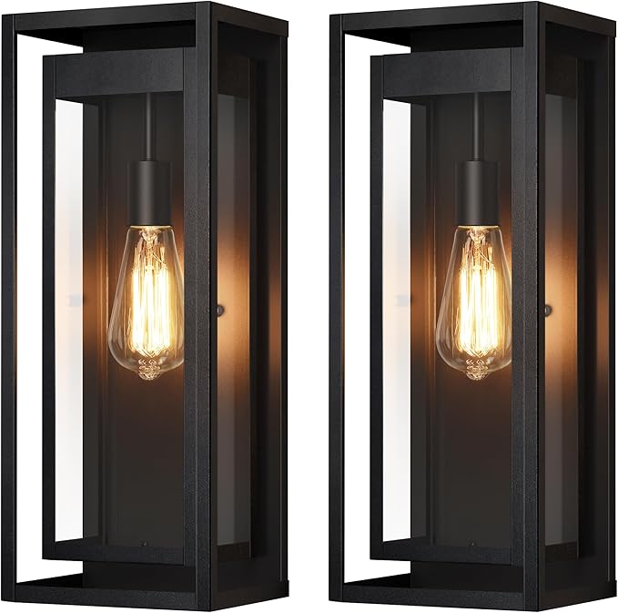 19 Outdoor Wall Lights 2 Pack Large Size Matte Black Outdoor Sconce Lights with Clear Glass Shade Waterproof Porch Lighting Exterior Light Fixture for Front Door Garage