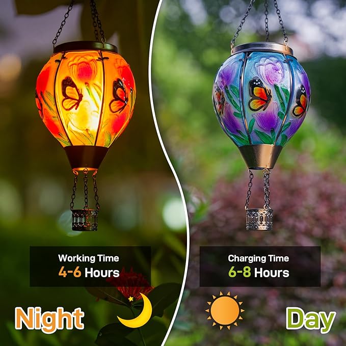 Butterfly Flower Solar Hot Air Balloon Lantern with Flame Glass Balloon Lantern Outdoor Waterproof Lights Hanging Solar Lights for Outside Garden Patio Porch Tree Yard Gift for Mom