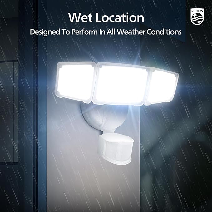 Philips 72W 7400LM LED Security Lights w/PIR Motion Sensor Outdoor 5000K Daylight Dusk to Dawn Aluminum Flood Light 3 Adjustable Heads Waterproof for Garage Yard Porch