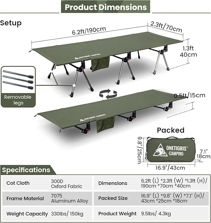 ONETIGRIS SUPRANUBIS Camping Cot Height Adjustable with Cot Leg Extenders Strong Support 330lbs Lightweight Comfortable Folding Bed for Camping Hiking Travel Truck Beach Office Nap
