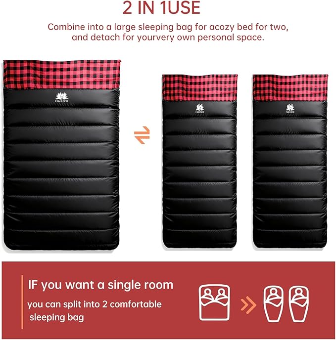 Double Sleeping Bag Cotton Flannel for Camping Backpacking Or Hiking. Queen Size 2 Person Waterproof Sleeping Bag for Adults Or Teens. Lightweight with Compression Sack