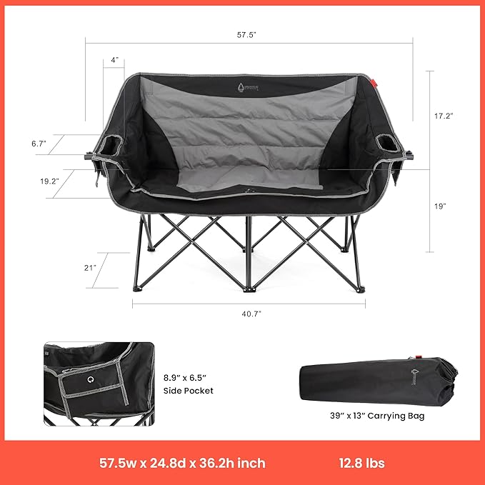 ARROWHEAD OUTDOOR 57 Wide Duo Foldable Heated Camping Loveseat Chair with 3-Stage Heating Large Cup Holders Glass Holders Side Pockets and Storage Pouches