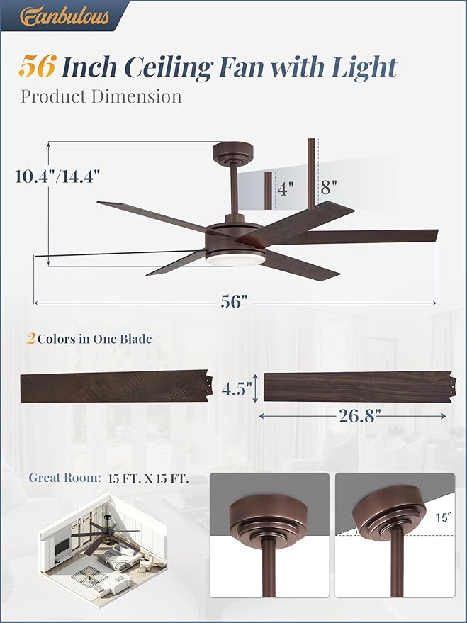 Fanbulous 56 Inch Ceiling Fans with Lights and Remote Reversible 6 Blades Dimmable 3000K-6000K Adjustable Outdoor Ceiling Fans for Patios Large Ceiling Fan for Indoor or Covered Outdoor-Brown