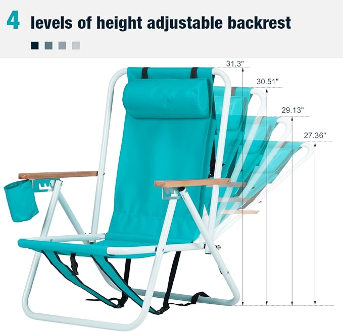 1 Pcs Folding Backpack Beach Chair 4 Position Portable Camping Chair with Headrest Cup Holder and Wooden Armrests (Green)