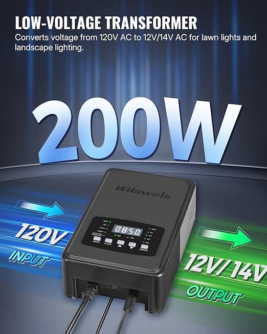 200W Low Voltage Landscape Transformer Weatherproof Outdoor Low Voltage Transformer 120V AC to 12/14V AC Landscape Lighting Transformer with Timer and Photocell Sensor ETL Listed D11LT06