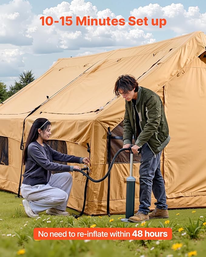 VEVOR Inflatable Tents for Camping Easy Setup Blow up Tent with Hand Pump 4 Season Glamping Tent with Stove Jack Doors &amp Mesh Windows Storage Bag Included for Easy Taking
