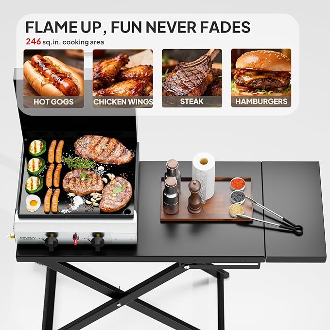 ROVSUN 2 Burner Foldable Propane Griddle with Wheels Enameled Tray &amp Lid 20000 BTU Portable Rolling Flat Top Gas Grill with Electronic Ignition &amp Regulator for Outdoor Cooking Camping BBQ Ta