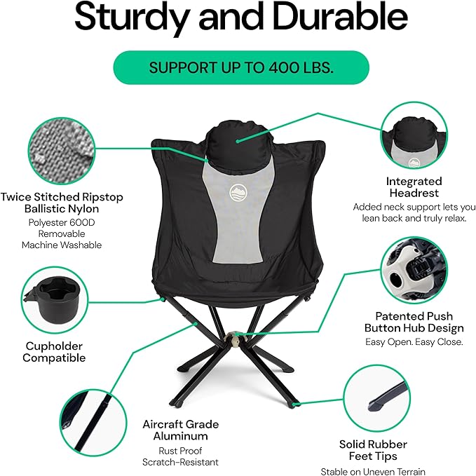 CLIQ EpiQ 1.0 Outdoor Lounge Chair - Folding Camping Chairs Set Up in Seconds - Lightweight Recliner Chair - Military Grade Frame Supports 400 Lbs Outdoor Adventures Black