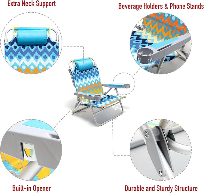 SUNNYFEEL Extra Wide Low Beach Chair 2 Pack 5 Position Lay Flat 500 LBS Heavy Duty XL Oversized Folding Camping Chairs with Cup Holder for Outdoor/Sand Portable Backpack Beach Chair for Adults
