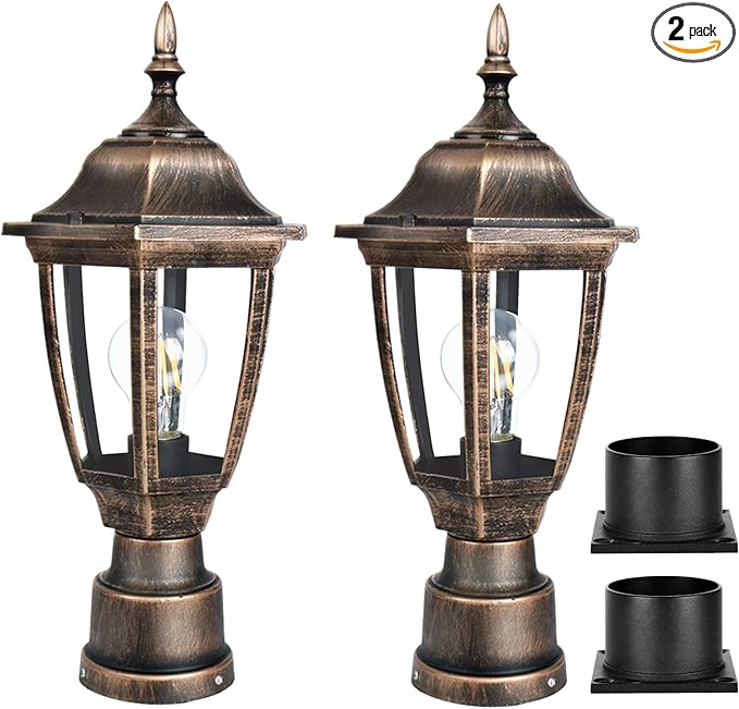 FUDESY Outdoor Post Lights Electric Exterior Lamp Post Light Fixture with Pier Mount Base LED Bulb Included Anti Corrosion Plastic Materials 2-Pack Pole Lanterns for Garden Patio Pathway
