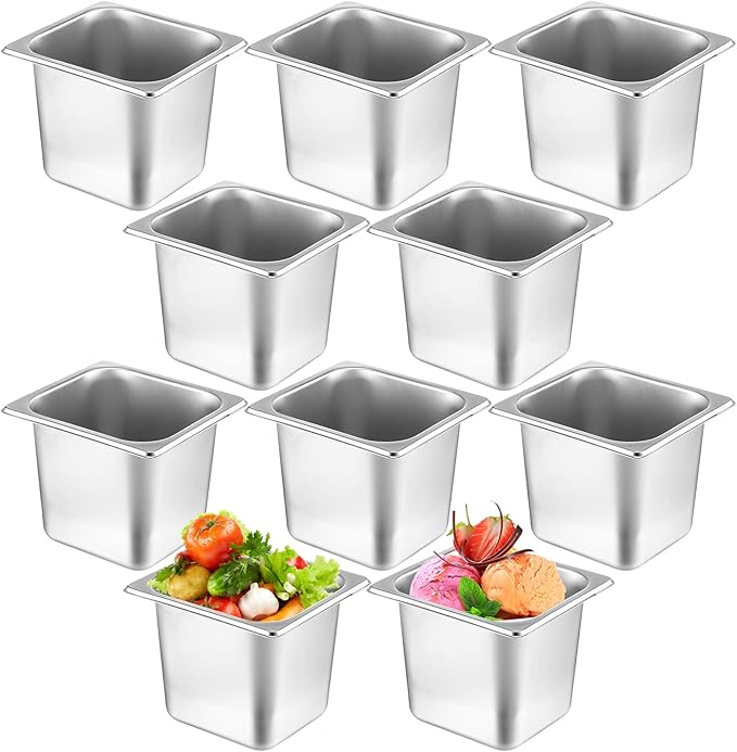 Thenshop 10 Pack 1/6 Size 6 Inch Deep Hotel Pans Stainless Steel Steam Table Food Pan Commercial Metal Food Catering Tray Anti Jam for Hotel Restaurant Buffet Party Supplies (Standard)