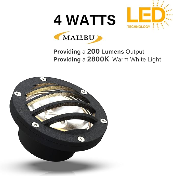 Malibu Low Voltage Well Lights 4W LED Outdoor Landscape Deck Lights 12V Well Light 200Lumen in-Ground Light 2800K Warm White with Connector &amp Stake for Step Tree Patio Yard Garden 1Pack 8401-3500-