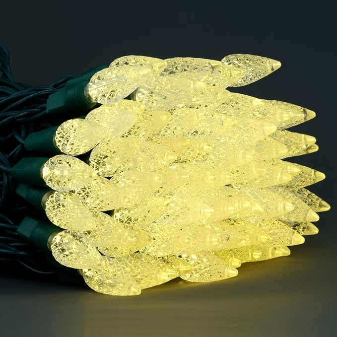 140 Warm White Strawberry One-Piece LED Christmas Lights Pack of 2 Strands 70 Count 36 ft High Waterproof UL Certified C6 Outdoor String Lights (Warm White - Green Cord)
