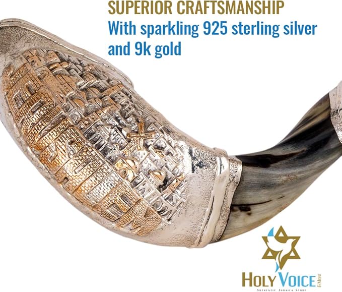 Holy Voice Sterling Silver-PlatedJerusalem Decoration Ram Shofar 12-14 With Shofar Stand Carrying Bag and Cleaning Brush – Made in Israel.