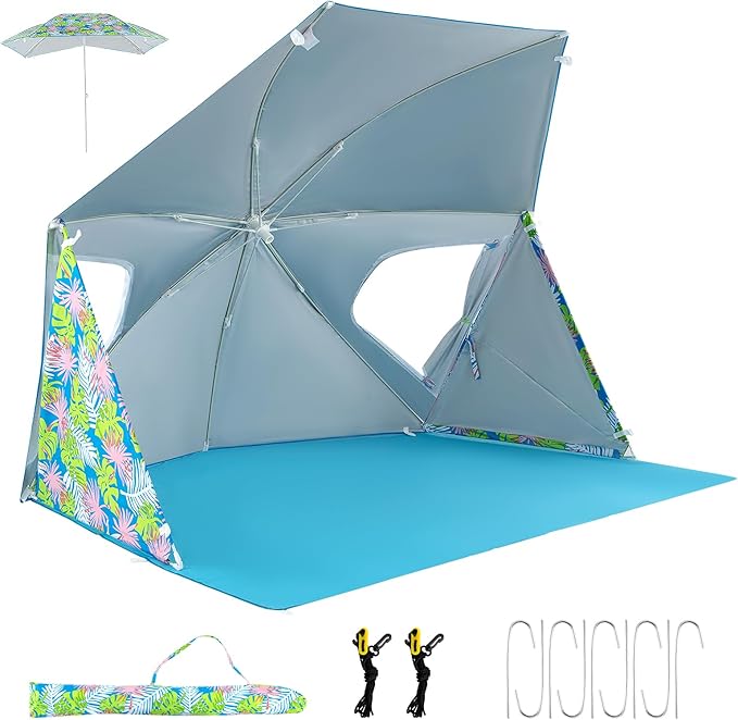 GYMAX Beach Umbrella Tent 2-in-1 Pop up Beach Tent UPF50+ with Carrying Bag Groundsheet Side Panels Sun Shelter for Outdoor Camping