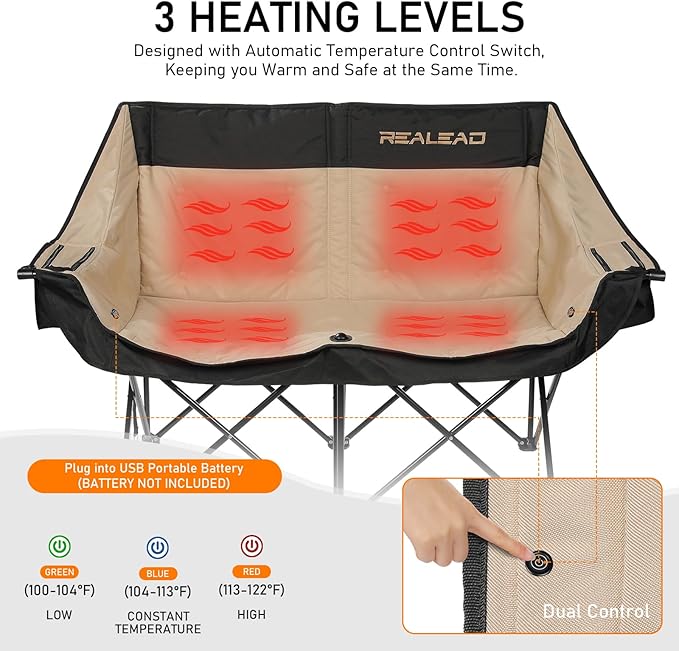 REALEAD Heated Double Camping Chair - Heated Loveseat Camping Chairs for Adults with 3 Heat Levels and 4 Heating Zones - Oversized Heated Chairs Outdoor Sports Supports 650 lbs Battery NOT Included