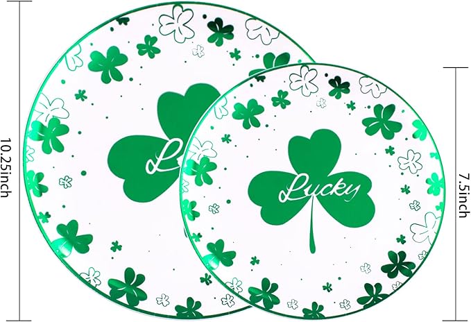 Rubtlamp 60Pcs Plastic Green PlatesSt Patricks Day Plates with Green Trefoil and Lucky Alphabet Green Disposable Plates include 30 Plastic White Dinner Plates and 30 Salad Plates for Spring