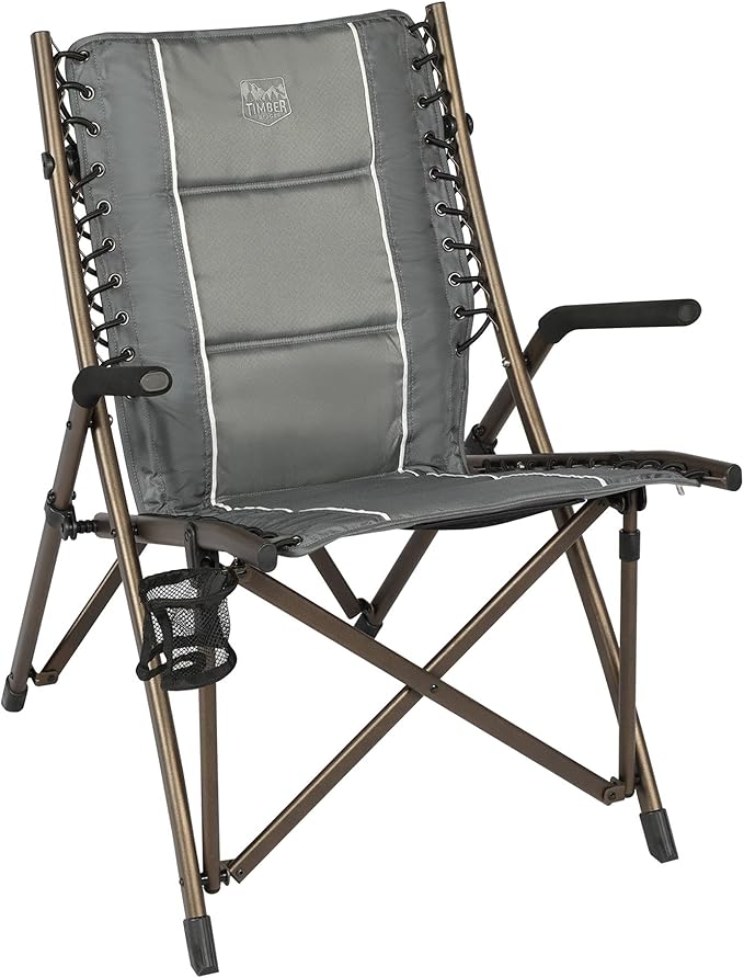 Timber Ridge Bungee Folding Camping Chairs for Adults Heavy Duty Collapsible Padded Chair with Armrests Cup Holder Foldable Outdoor Lounge Chairs for Beach Fishing Lawn Supports 300 lbs Grey