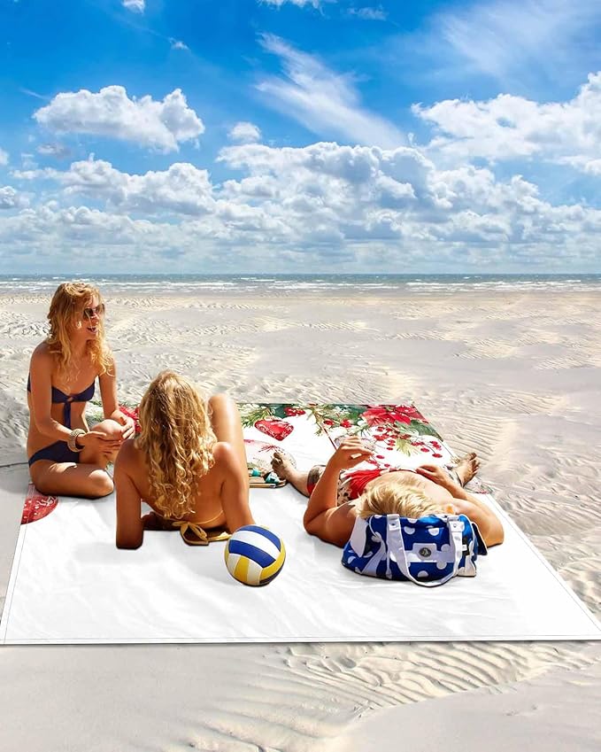 Beach Blanket Waterproof Sandproof OversizedChristmas Ball Red Poinsettia Berries Beach Mat with Corner Stakes Sand PocketsGreen Pine Leaves on White Picnic Mat for Travel Camping Hiking83x79In