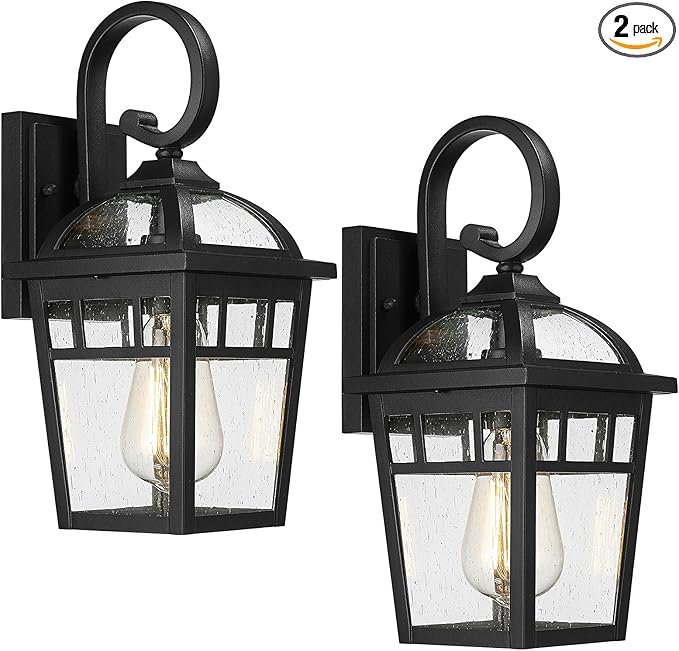 Front Porch Lights Outdoor Wall Lights Exterior Wall Sconce Matte Black Exterior Light Fixtures with Seeded Glass Farmhouse Outdoor Lighting Fixtures for House Garage Porch Patio 2 Pack