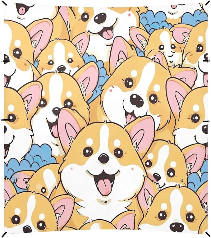 Cartoon Corgi Pattern Beach Tent Sun Shelter 9.2' x 10.5' Beach Canopy with 4 Sandbags 4 Stability Poles Sand Shovels - Tent Canopy for Beach Camping Fishing Picnics