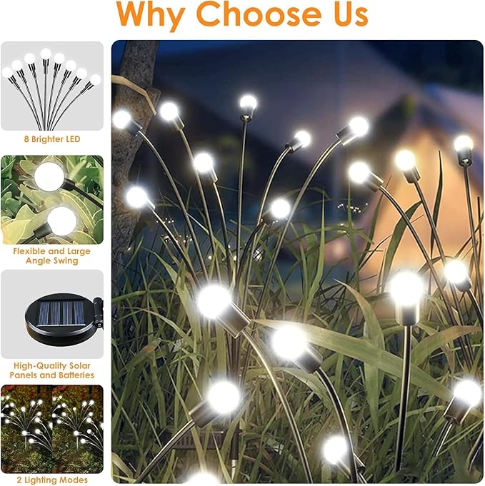 Solar Garden Lights 8 Pack 64LED Solar Firefly Lights Waterproof Garden Light Outdoor with 2 Lighting Modes Swaying Light for Outside Yard Walkway Patio Lawn Flower Bed Decoration (Cool White)