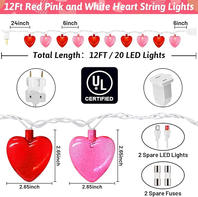 12Ft Red Pink Heart String Lights Valentine's Day Decorations Lights Outdoor Waterproof with 20 LED Clear Heart Light with Glitter for Home Door Fireplace Windows Fence Valentines Day Party Decor