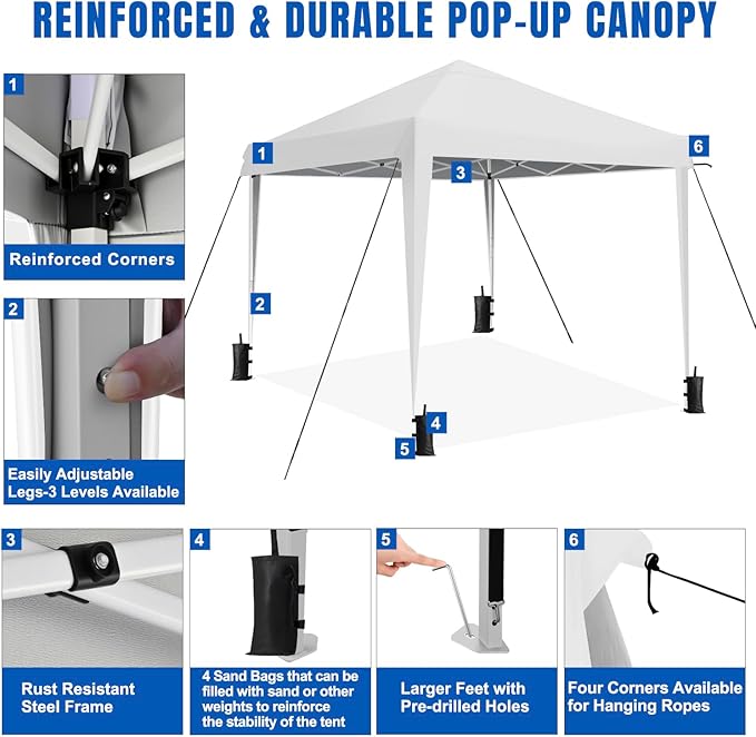 Yesker 10x10 Pop Up Canopy Tent UPF 50+ Waterproof Outdoor Canopy Portable Folding Easy Setup Gazebo Adjustable Height Instant Sun Shade Tent with Wheeled Bag for Events Parties Camping Patio White