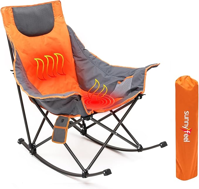 SUNNYFEEL Heated Camping Chair Oversized Rocking Camping Chair for Adults 500 LBSFolding Lawn Chair with Padded Patio Recliner Portable Outdoor Camp Rocker Chairs