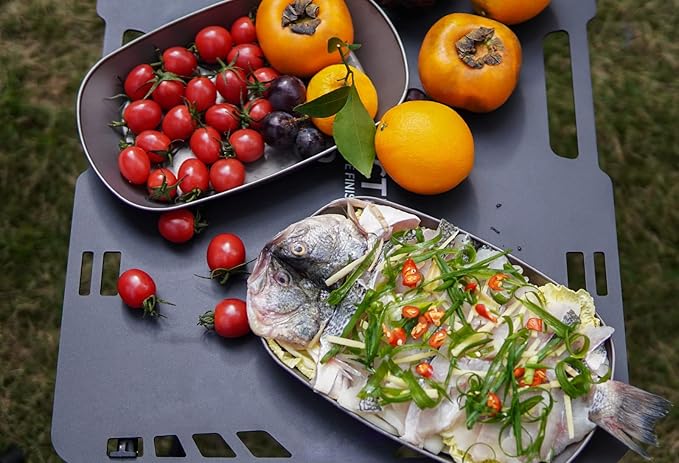 iBasingo 9.84/9.13 in Titanium Dinner Plates Set Lightweight Portable Camping Metal Service Dishes Outdoor indoor Single-layer Durable Bread Dessert Vegetables Fruit Chips Kitchen Tableware Ti1143T