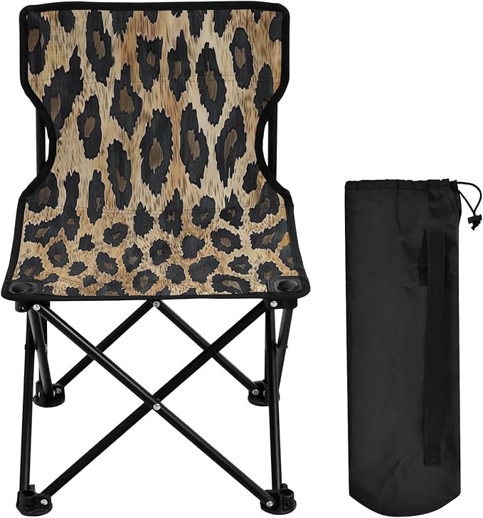 Black Leopard Print Portable Outdoor Folding Chair Anti-Slip Padded Oxford Cloth Stool Camping Chair Small for Beach Hiking Fishing Gardening Quad Camp Chair