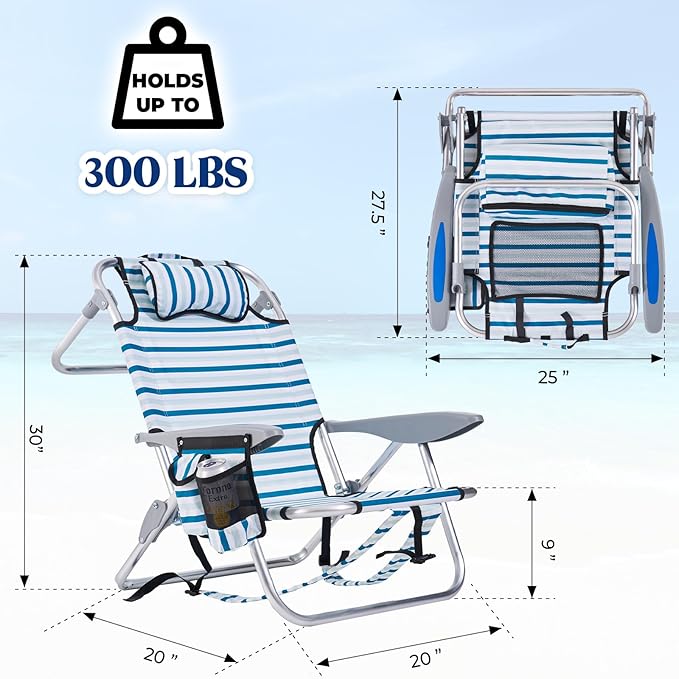 2 Pack Lightweight Portable Camping Beach Chair for Adults Outdoor Lay Flat Folding Beach Chairs with 5 Positions Backpack Beach Chair with Towel Bar Zipper Pouch Cup Holder White Striped