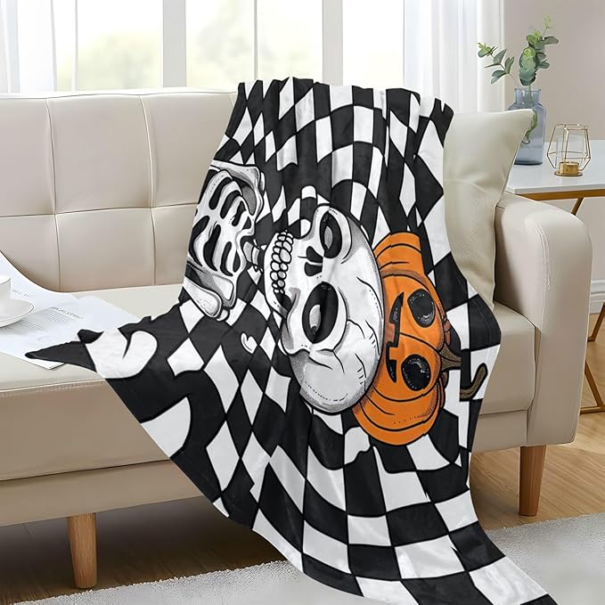 Black-and-White Checkered Cartoon Skeleton Lightweight Fuzzy Comfy Throws for Living Room Couch Throw Blanket Soft for Couch Sofa BedParty 50 x 70