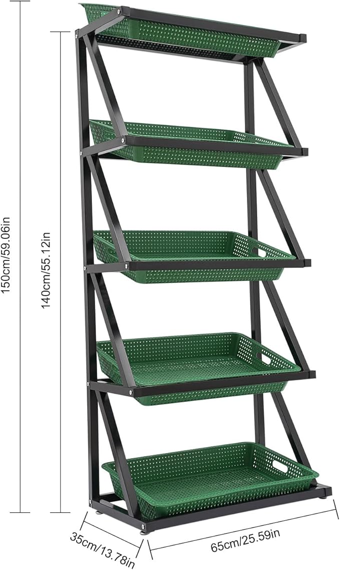 5 Tier Retail Display Rack Market ShelfFruit Vegetable High Capacity Storage Basket StandMarket Retail Display for Kitchen Office Store Supremarket (Black Basket)