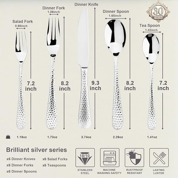 Hammered Silverware Set 30-Piece Flatware Cutlery Set Service for 6 Modern Heavy Duty Design 18/10 Stainless Steel Utensils Dishwasher Safe