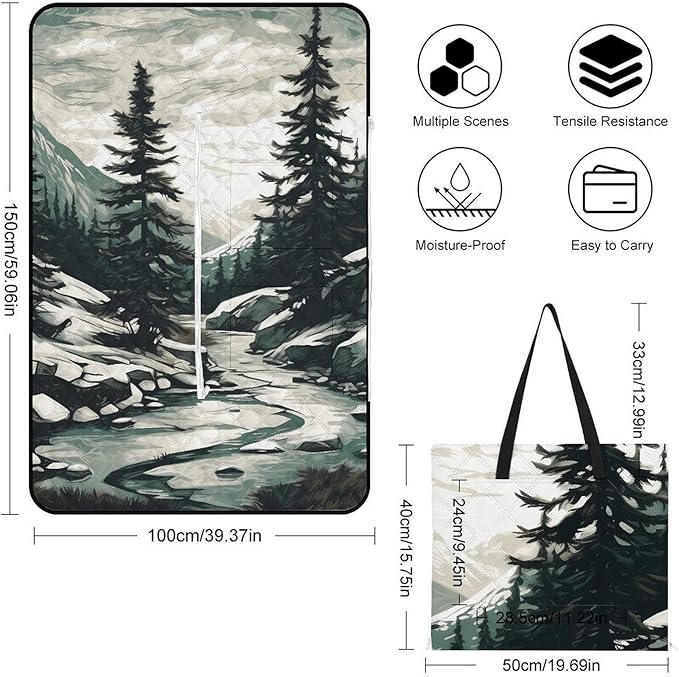 Zipper Hand Drawn Two Pine Trees Style Picnic Mat Suitable for Travel Camping Park Or Home Use