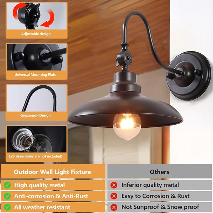 2-Pack Outdoor Wall Lights Matte Black Farmhouse Gooseneck Barn Light 9.8 inch Angle-Adjustable Waterproof Exterior Wall Light Fixtures Modern Wall Mount Porch Lights for House Garage Doorway